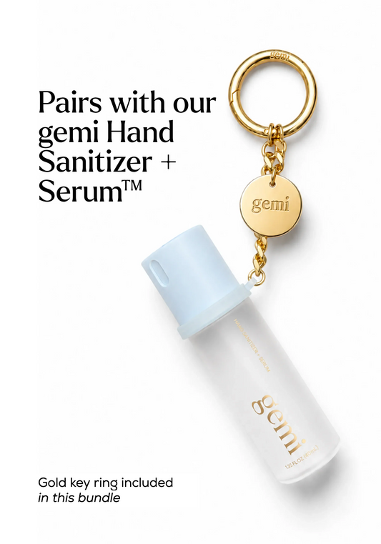 gemi gold key ring with Hand Sanitizer + Serum, gold key ring included in this bundle