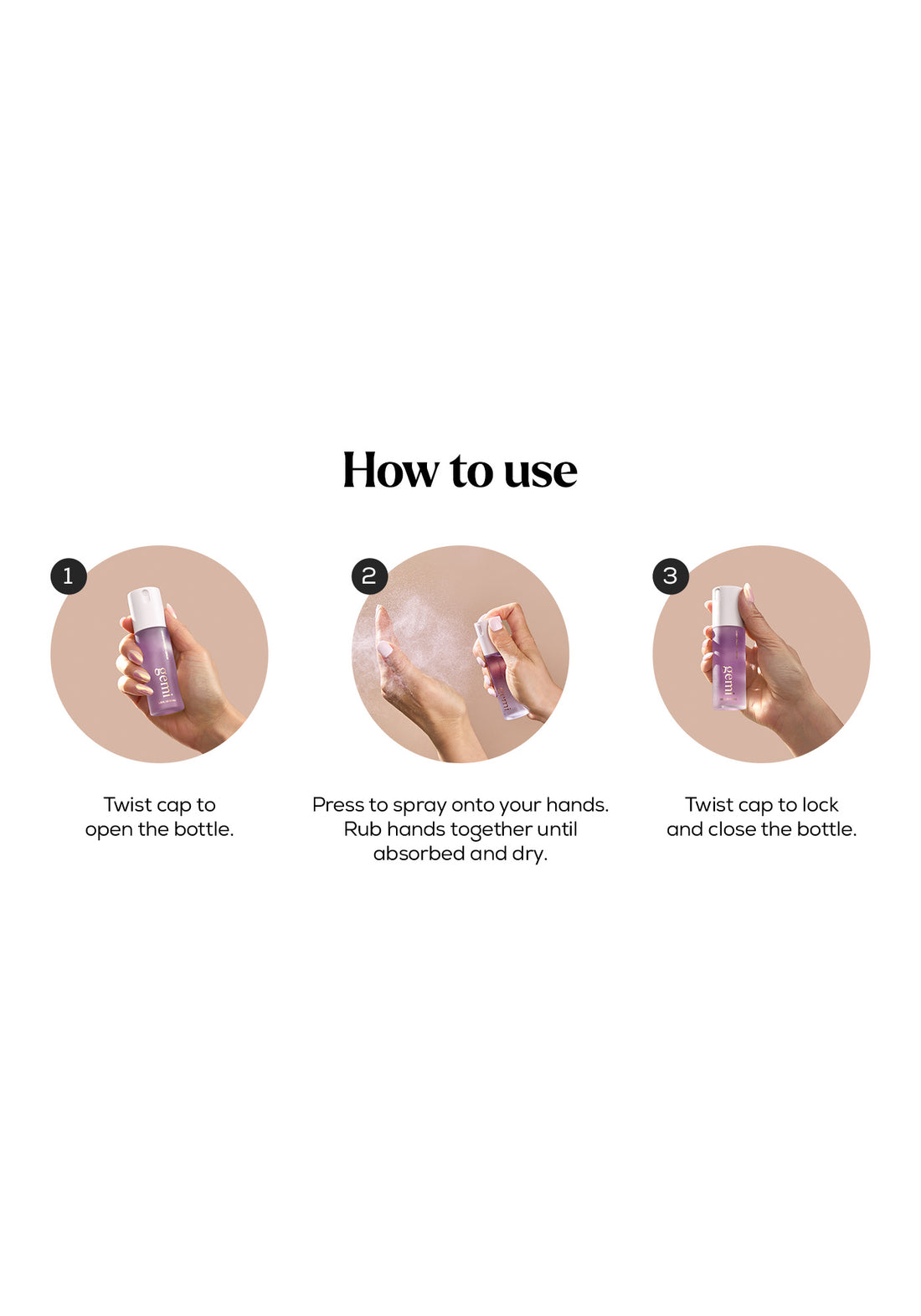 Instructions on how to use a hand sanitizer bottle with three steps shown.