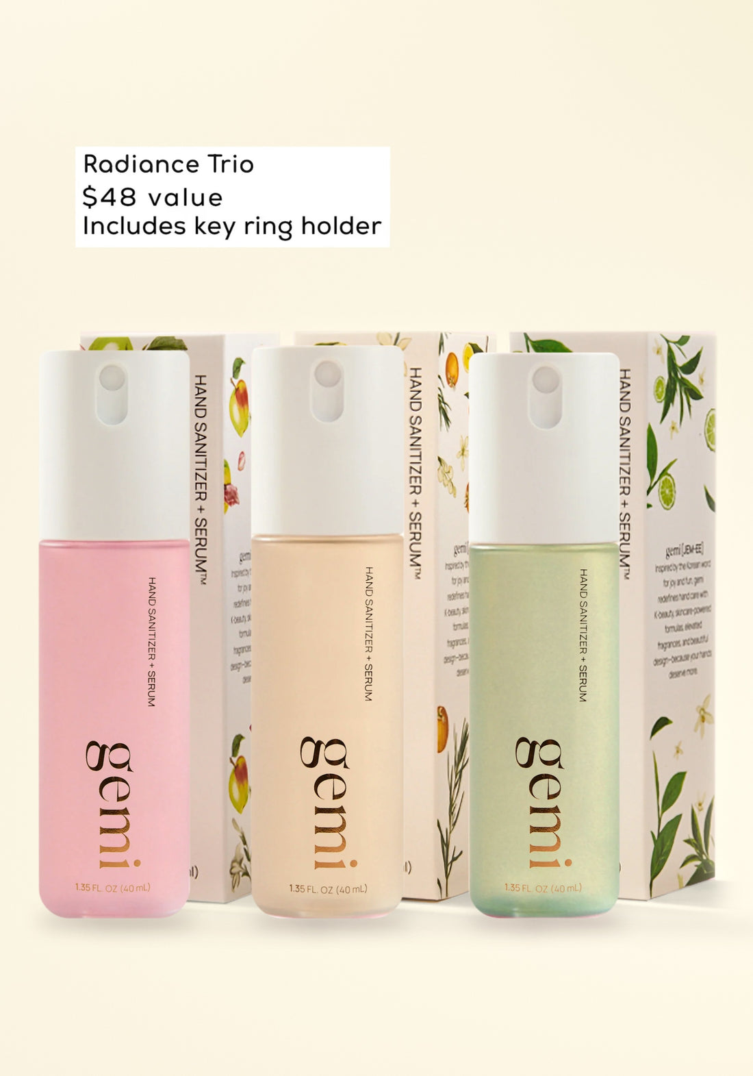 gemi Radiance Trio: Eden, Solenne and Caela with their gift boxes
