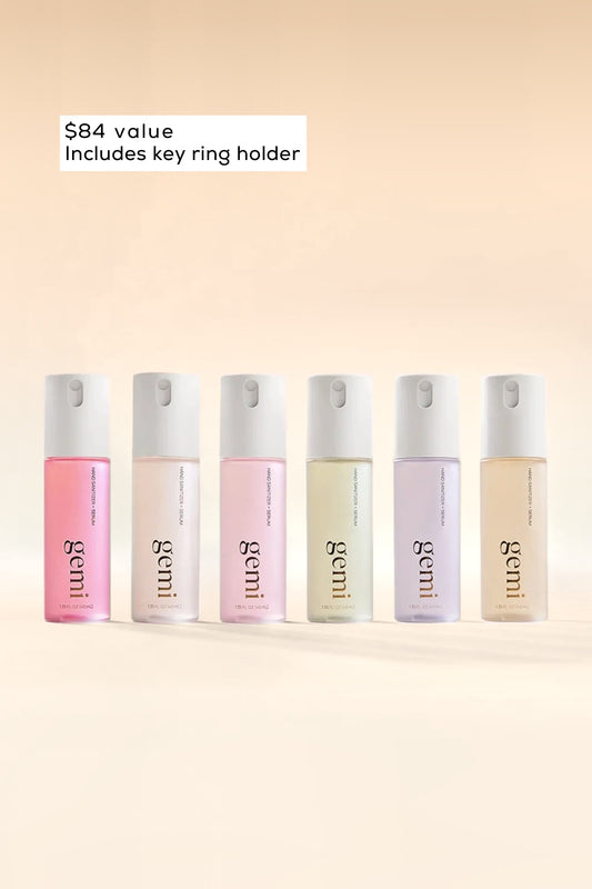 All six gemi Hand Sanitizer + Serum scents lined up, $84 value, includes key ring holder